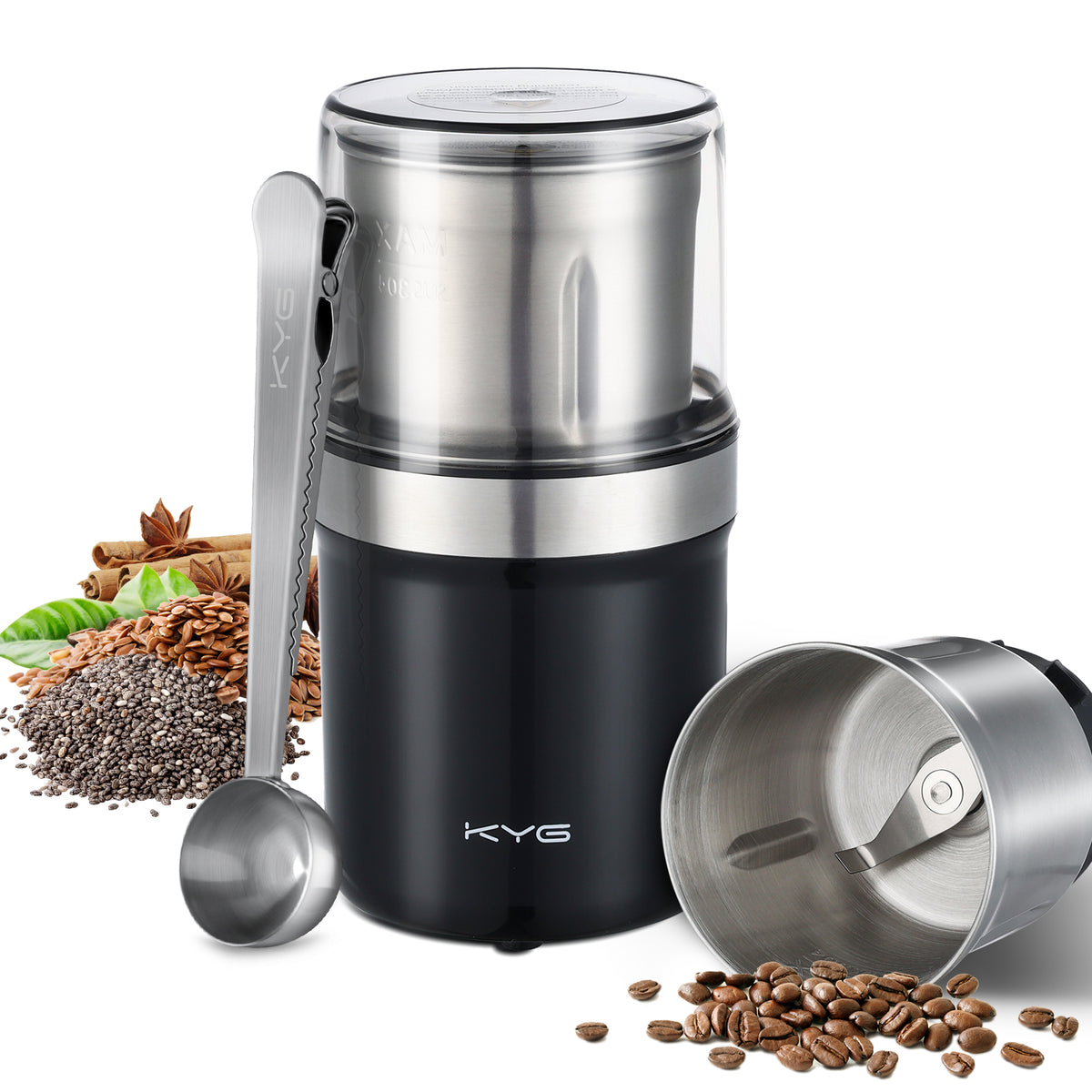 KYG Electric Coffee Grinder | 300W, Dual-Cup, One-Touch Grinding